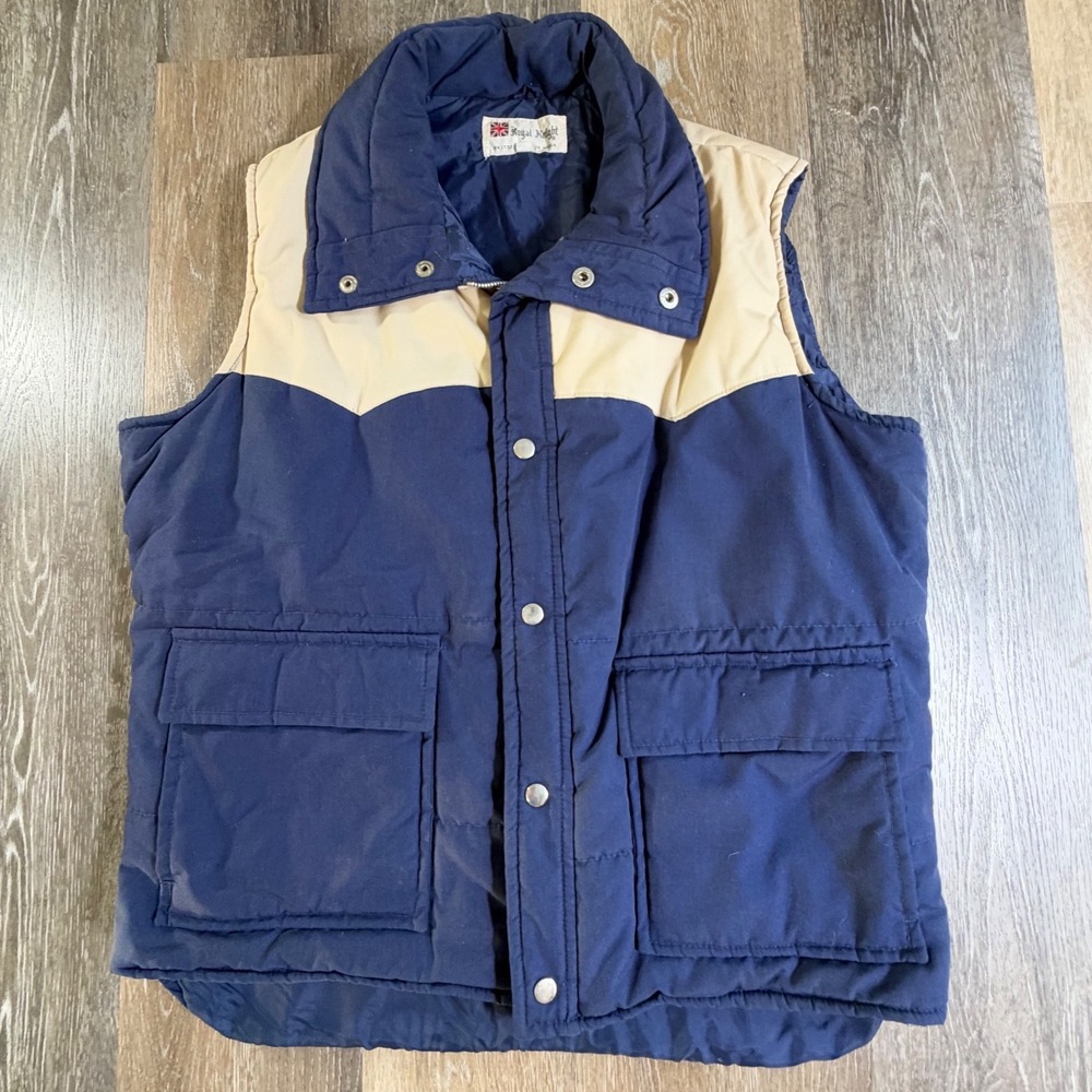 Royal Knight Puffer Vest Mens Large Blue Tan Vintage Western Yoke Snap Front